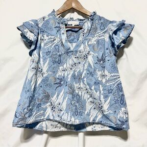 House of Harlow 1960 Blue Floral V-Neck Cotton Blouse L | Boho Chic | Soft Girl
